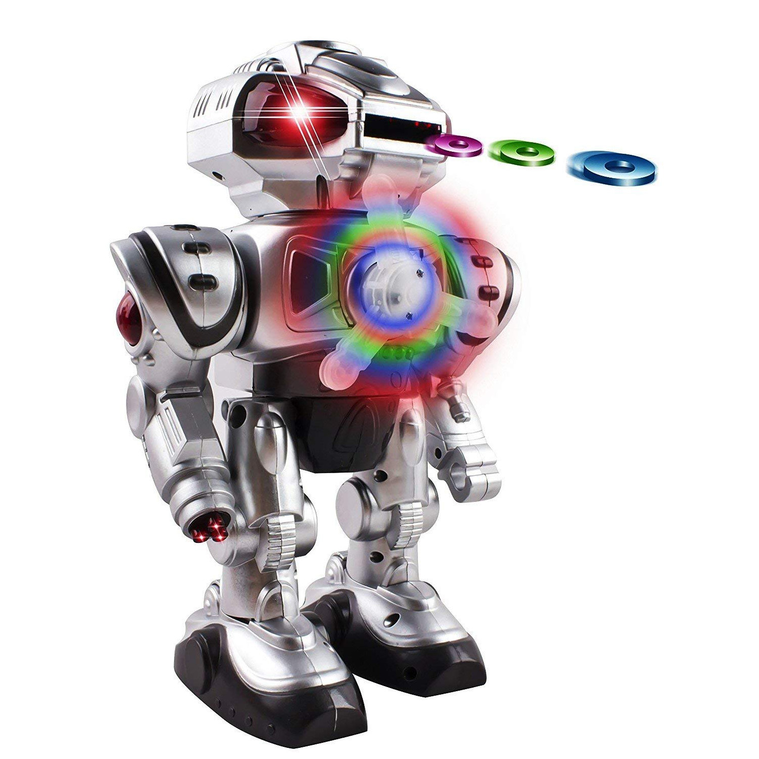 Super Android Toy Robot With Disc Shooting Walking Flashing Lights And Sound Features Great Action Toy For Kids Boys Girls Toddlers Battery Operated Silver
