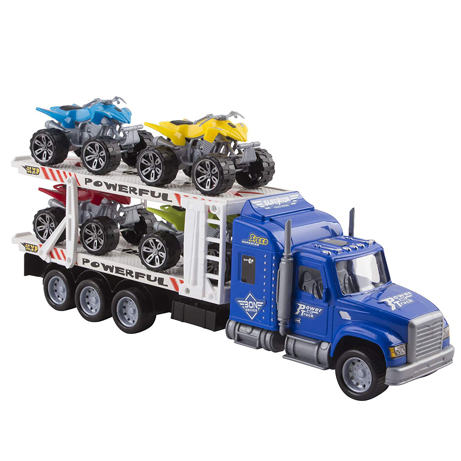 Toy Truck Transporter Trailer 14.5" Children’s Friction Big Rig With 4 ATV Toys No Batteries Or Assembly Required Perfect Semi Truck For Kids (Blue Truck)