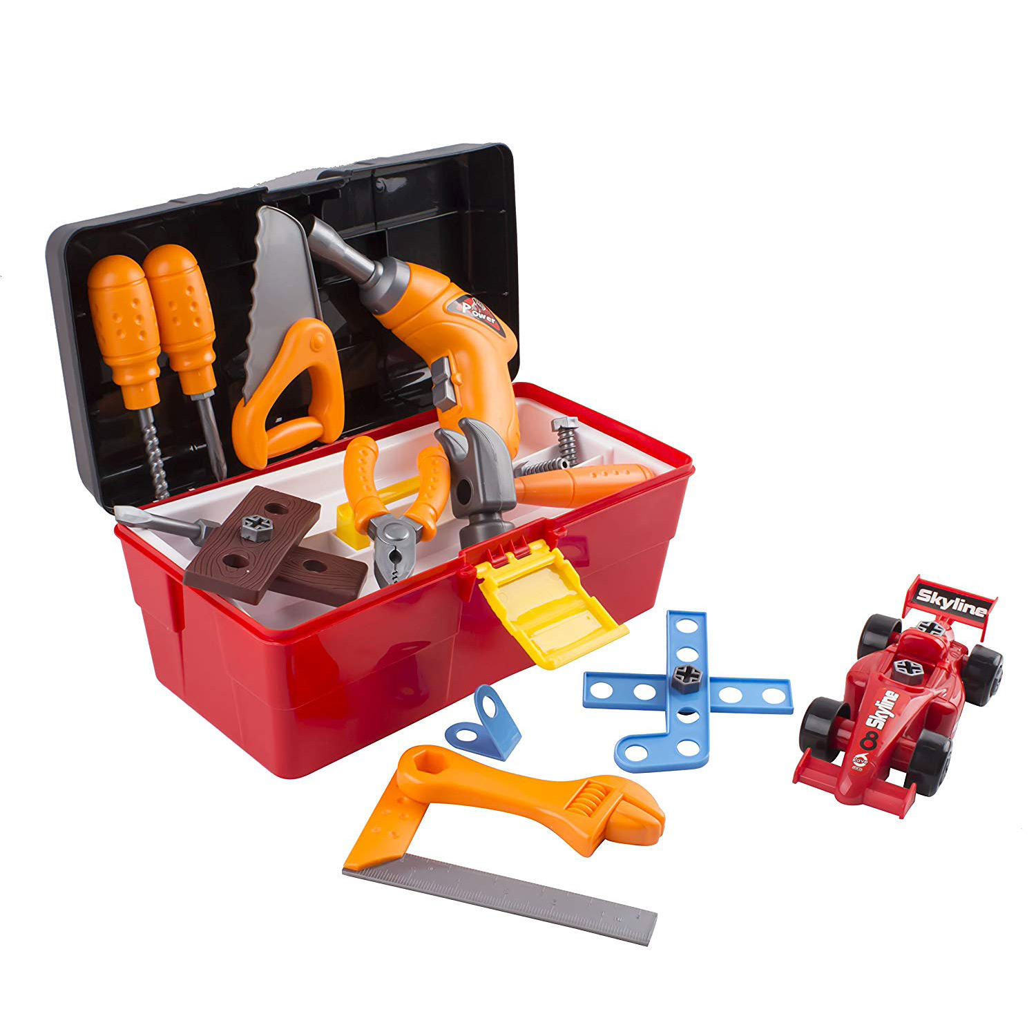 44 Piece Toy Tool Set With Construction Kit Accessories Portable Realistic Tools Box Including Electric Drill Hammer Wrench Screwdriver F1 Car Perfect For Boys Children’s Educational STEM Pretend Play