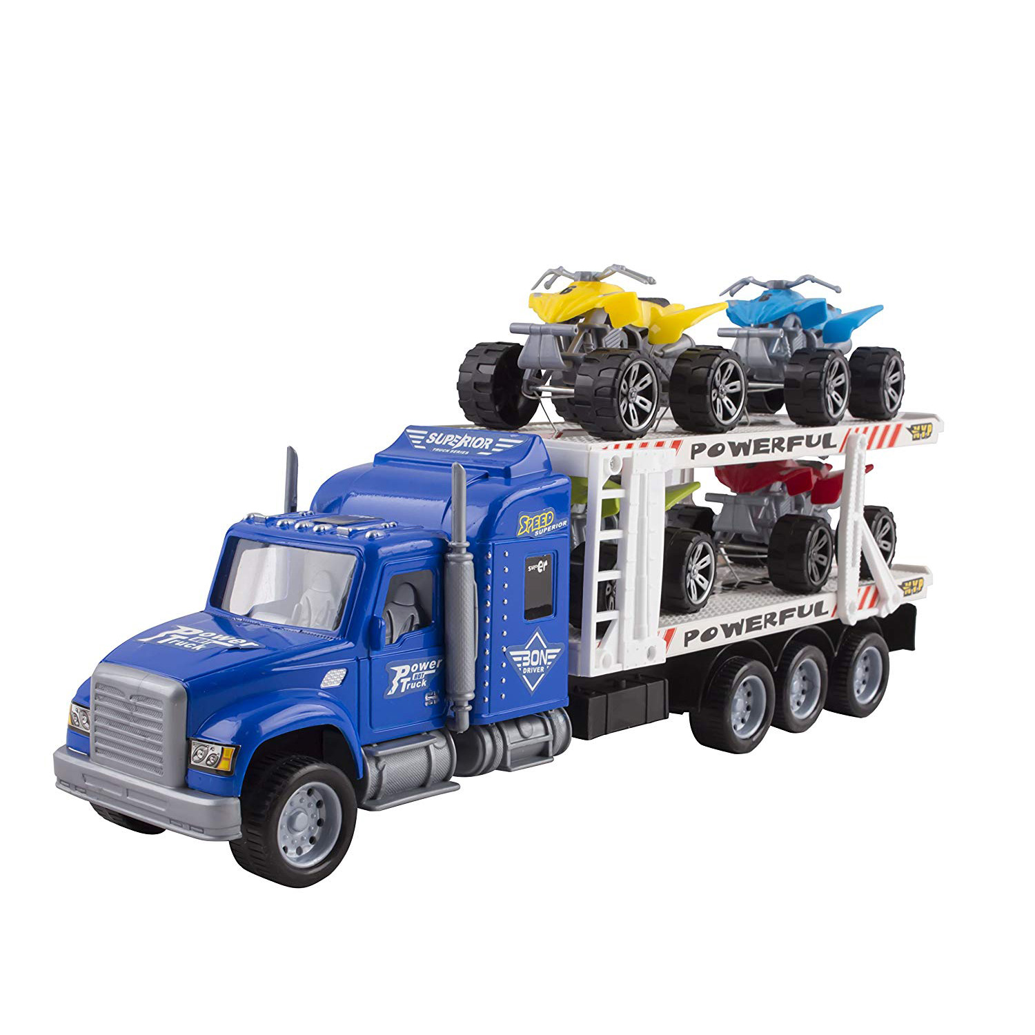 Toy Truck Transporter Trailer 145 Childrens Friction Big Rig With 4 ATV Toys No Batteries Or Assembly Required Perfect Semi Truck For Kids Blue Truck 666-28A