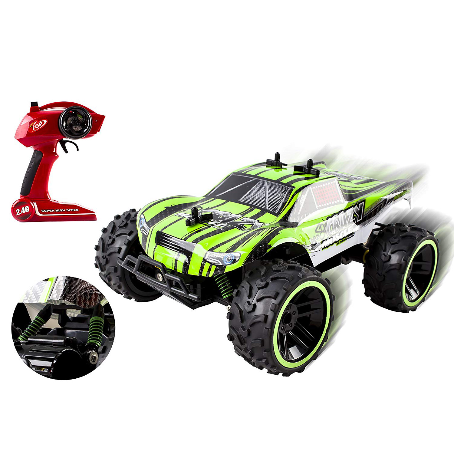 Speed Muscle RC Buggy 24Ghz 116 Scale Remote Control Truggy Ready to Run With Working Suspension And Spring Shock Absorbers for Indoor Outdoor And Off-Road Use Strong Build Toy Green QY1805A