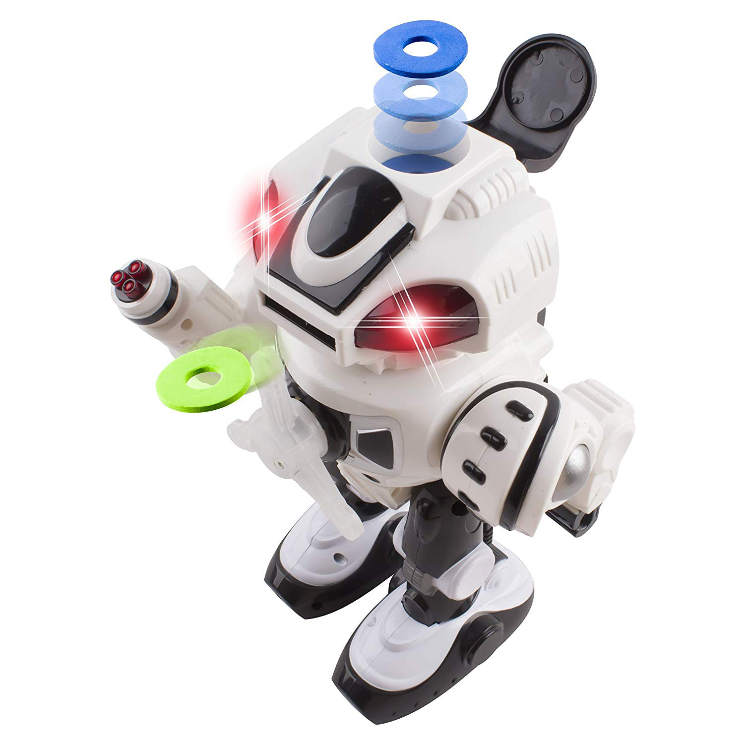 Super Android Toy Robot With Disc Shooting Walking Flashing Lights And Sound Features Great Action Toy For Kids Boys Girls Toddlers Battery Operated White KD-8808C