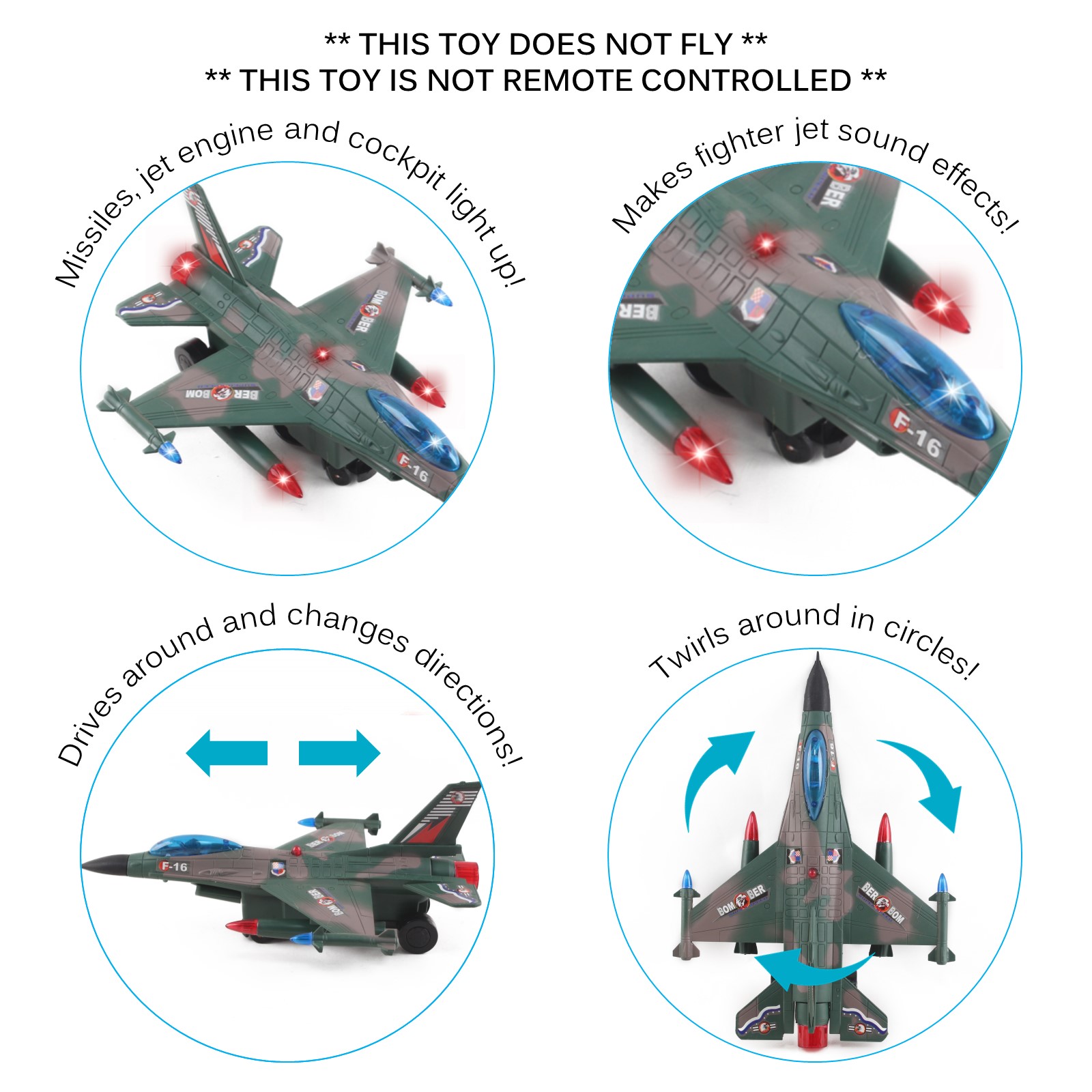 Toy Army Air Force Fighter Jet F16 Battery Operated Kids Bump and Go Toy Plane With Flashing Lights And Sounds Bumps Into Something and Will Change Direction Perfect For Boys And Girls Green LXS3